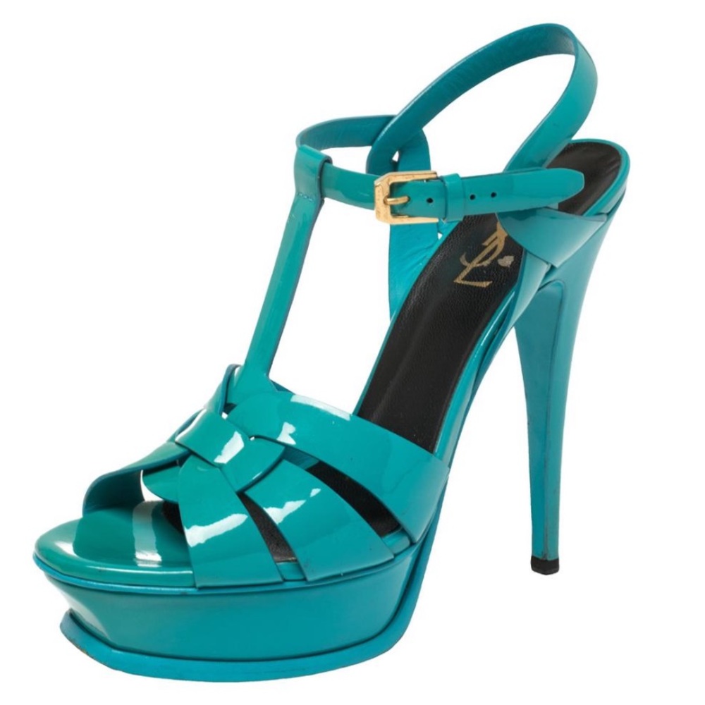 YSL high heel tribute sandals in turquoise